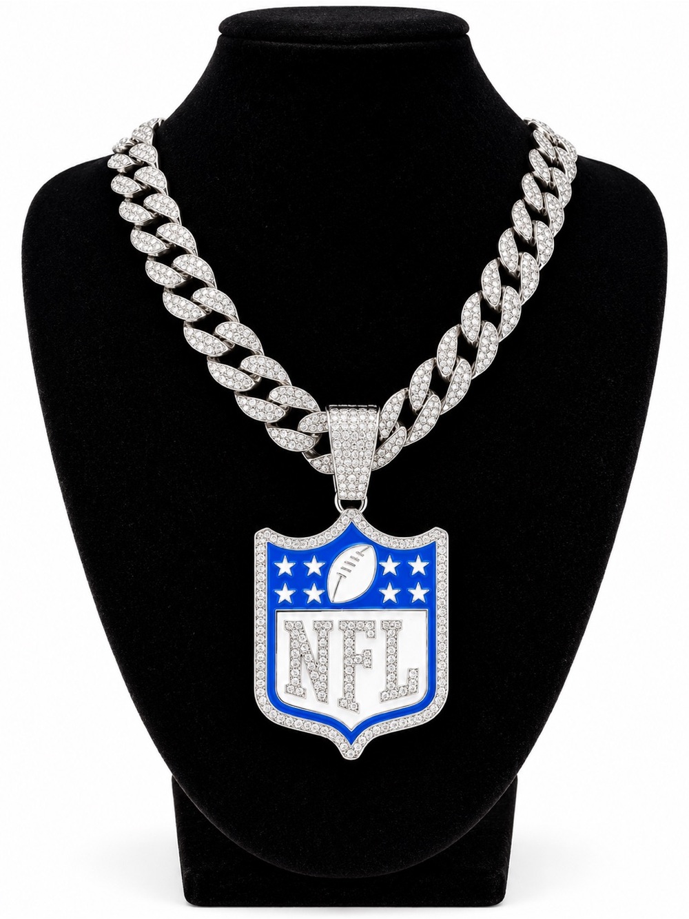 NFL Silver and Blue Shield Pendant Cuban Chain Necklace